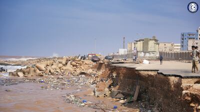A seaside road collapsed after heavy flooding caused by Storm Daniel in Derna. AP