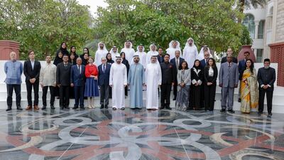 Sheikh Mohammed bin Rashid, Vice President and Ruler of Dubai, with the 11 recipients of the third Mohammed bin Rashid Al Maktoum Global Water Award on Tuesday. Photo: Dubai Media Office