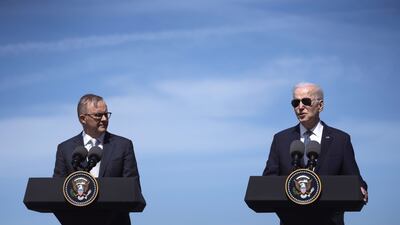 Australian Prime Minister Anthony Albanese and US President Joe Biden speak at Naval Base Point Loma in San Diego, California, on Monday. Bloomberg