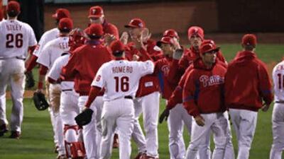 The Philadelphia Phillies celebrate after defeating the Tampa Bay Rays to win game four of the 2008 MLB World Series.