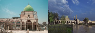 Left, the current state of Al Nuri mosque; right, its rendering in virtual reality before its destruction. Photo: Qaf Labs