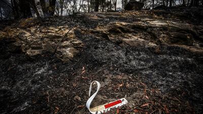 The remains of a melted road reflector sits in burned bushland during back-burning operations near the town of Kulnura, New South Wales, Australia. Bloomberg