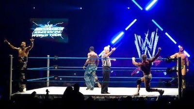 HOLD FOR FOREIGNEntering the ring. Wrestlers from the WWE enter the ring and begin to show off their personas before the opening match of Thursday nights WWE World Tour in Cairo Egypt.Keith Lane