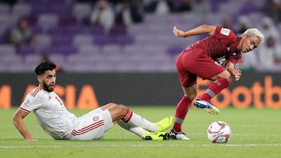 UAE star Majed Hassan, left, and his teammates are preparing for their Asian Cup last-16 match against Kyrgyzstan. Chris Whiteoak / The National