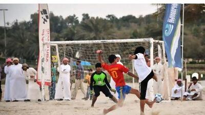 Action from the junior beach football competition at the Al Gharbia Watersports Festival. Region Planning and Inhabitants Relations were the winners of that event.