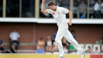 James Pattinson celebrates bowling New Zealand batsman Dean Brownlie on the first day of the second Test match.