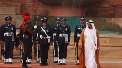 Sheikh Mohammed bin Zayed, Crown Prince of Abu Dhabi and Deputy Supreme Commander of the Armed Forces, is welcomed to India’s Rashtrapati Bhavan presidential palace with a ceremonial reception in the forecourt in New Delhi, India. Adnan Abidi / Reuters