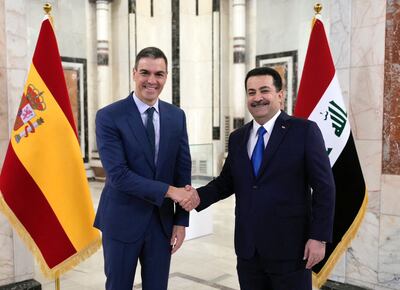 Iraq's Prime Minister Mohammed Shia Al Sudani welcomes Spain's Prime Minister Pedro Sanchez in Baghdad. Photo: Iraqi Prime Minister's Press Office