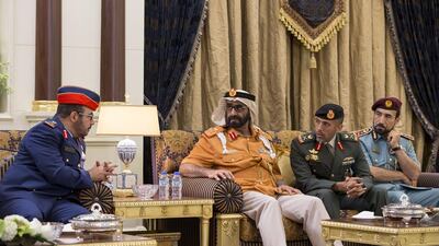 Major General Ibrahim Nasser Al Alawi, Commander of the Air Forces and Air Defence, left, Major General Abdullah Muhair Al Ketbi, second left, Major General Pilot Sheikh Ahmed bin Tahnoon bin Mohammed Al Nahyan, Chairman of the National and Reserve Service Authority, second right, and Lt General Saif Abdullah Al-Shafar, Under Secretary of the Ministry of Interior, second right, attend a reception for King Mohammed VI at Mushrif Palace. Ryan Carter / Crown Prince Court - Abu Dhabi