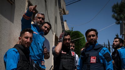 NABATIEH, LEBANON - APRIL 16: Paramedics react to an airstrike on April 16, 2026 in Nabatieh, Lebanon. Israel and Lebanon's ambassadors have held historic talks in Washington, the first direct diplomatic meeting between the two sides in decades. During the two-week ceasefire period between the US and Iran, Israel and the Iran-backed militant group, Hezbollah, have continued fighting. On April 8 Israel intensified strikes on what it says were Hezbollah targets, killing more than 350 people, according to health officials in Lebanon. (Photo by Adri Salido / Getty Images)