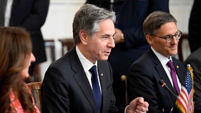 US Secretary of State Anthony Blinken talks during his meeting with Egypt's Foreign Minister Sameh Shoukry in Cairo. AFP