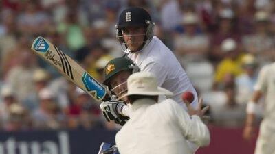 England's Stuart Broad, top, nicked a catch to Michael Clarke at first slip but stood his ground. Jon Super / AP Photo