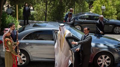 President Sheikh Mohamed arrives at a reception at Basman Palace with Prince Hussein