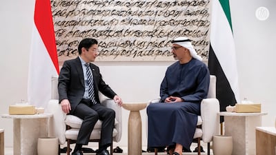Sheikh Khaled bin Mohamed, Crown Prince of Abu Dhabi and Chairman of Abu Dhabi Executive Council, with Lawrence Wong, Prime Minister of Singapore on Tuesday. Photo: Abu Dhabi Media Office