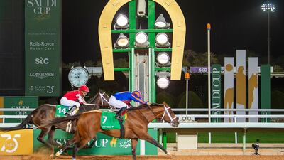 Jockey Luis Saez guides Maximum Security to victory in the inaugural $20 million (Dh74m) Saudi Cup in Riyadh, on Saturday, February 29. AFP