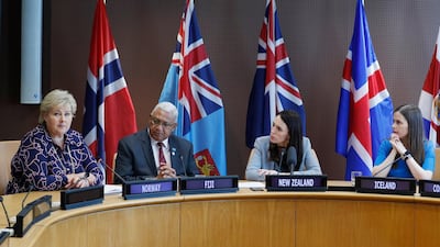 The Prime Minister of Norway Erna Solberg, left, the Prime Minister of Fiji Frank Bainimarama, second from left, the Prime Minister of New Zealand Jacinda Ardern, second from right, and the Prime Minister of Iceland Katrin Jakobsdottir participate in a press event at U.N. headquarters. The countries were announcing a new initiative on climate change and trade. AP Photo
