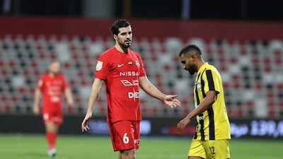 Despite limping off with a leg injury in the draw with Al Wahda four days earlier, Saeed Ezatolahi, left, was outstanding in Shabab Al Ahli’s midfield engine room. Chris Whiteoak / The National