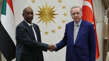 President Recep Tayyip Erdoan greets Sudan's army chief, Gen Abdel Fattah Al Burhan, at the Presidential Complex in Ankara on Thursday. Photo: X