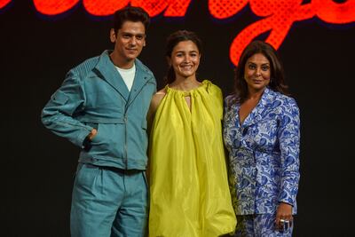 Bollywood actors Vijay Varma, Alia Bhatt and Shefali Shah promote their film ‘Darlings’ in Mumbai. AFP