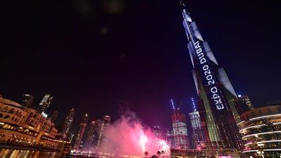 Dubai's Burj Khalifa, the world’s tallest building is illuminated during festivities marking the one-year countdown to Expo 2020. Giuseppe Cacace / AFP