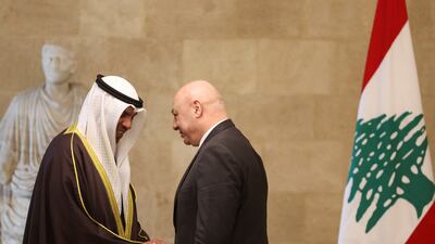 Kuwaiti Foreign Minister Abdullah Al Yahya meets Lebanese President Joseph Aoun at the presidential palace in Baabda on Friday. Reuters