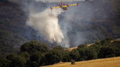 A firefighting aircraft drops water on a forest fire in Malagon, Spain. EPA