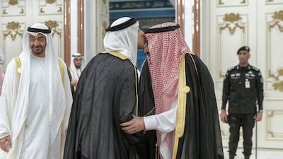 Saudi Arabia's King Salman greets Sheikh Mansour bin Zayed.