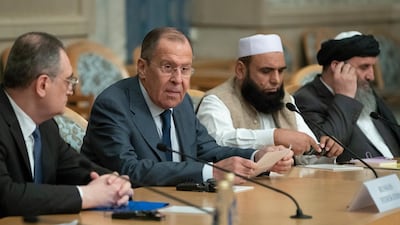 Russian Foreign Minister Sergei Lavrov, second left, speaks at the conference. AP Photo