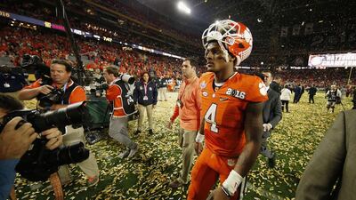 Deshaun Watson #4 of the Clemson Tigers reacts after being defeated by the Alabama Crimson Tide with a score of 45 to 40 in the 2016 College Football Playoff National Championship Game at University of Phoenix Stadium on January 11, 2016 in Glendale, Arizona. Sean M. Haffey/Getty Images/AFP