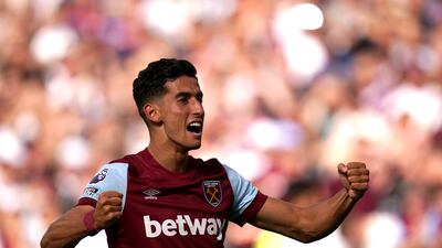 West Ham's Nayef Aguerd celebrates after scoring. PA
