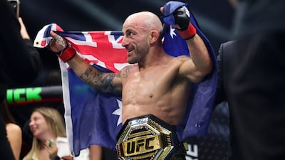 Alexander Volkanovski celebrates his victory over Movsar Evloev to retain his UFC featherweight title at UFC 333 in Abu Dhabi. All photos: Chris Whiteoak / The National
