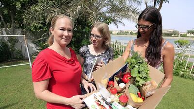 From left: Karin Lofberg, Karin Sundstrom and Anette Lind run DinnerTime, a company which delivers ingredients and recipes to residents in Dubai. Satish Kumar / The National