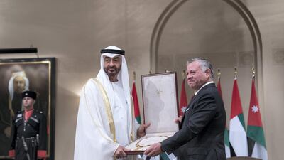 King Abdullah presents Al Hussein Ibn Ali Medal to Sheikh Mohamed bin Zayed. Mohammed Al Hammadi / Ministry of Presidential Affairs