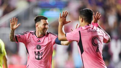 Mar 13, 2024; Fort Lauderdale, FL, USA; Inter Miami CF forward Lionel Messi (10) celebrates after scoring a goal with forward Luis Suarez (9) against the Nashville SC in the first half during the Concacaf round of sixteen at Chase Stadium. Mandatory Credit: Nathan Ray Seebeck-USA TODAY Sports