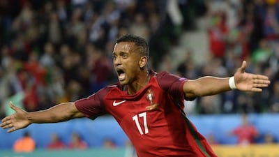 Nani of Portugal celebrates after scoring the 1-0 goal during the Uefa Euro 2016 group F preliminary round match between Portugal and Iceland at Stade Geoffroy Guichard in Saint-Etienne, France, 14 June 2016. CJ Gunther / EPA