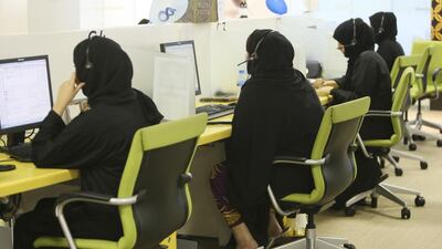 The Etihad Contact Centre in Al Ain provides flexible working hours for its female employees. Sarah Dea / The National