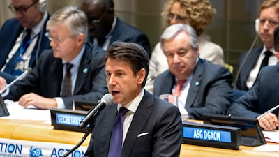 Italian Premier Giuseppe Conte addresses a high level event regarding peacekeepers and peacekeeping during the 73rd session of the United Nations General Assembly, at UN headquarters. AP