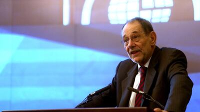 Dr Javier Solana, the former secretary general of the EU Council delivers a lecture on Europe’s view this year on trade at the Emirates Centre for Strategic Studies in Abu Dhabi yesterday. Sammy Dallal / The National