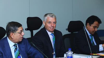 Pictured are: Narayanaswami Srinivasan, ICC Chairman, left; David Richardson, ICC Chief Executive, centre; and Mustafa Kamal, ICC President, right. Francois Nel / Getty Images