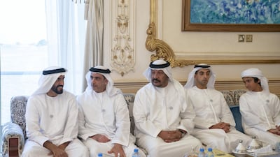 From left, Sheikh Nahyan Bin Zayed Al Nahyan, Chairman of the Board of Trustees of Zayed bin Sultan Al Nahyan Charitable and Humanitarian Foundation, Lt General Sheikh Saif bin Zayed Al Nahyan, UAE Deputy Prime Minister and Minister of Interior, Sheikh Saeed bin Mohamed Al Nahyan, Sheikh Khaled bin Zayed Al Nahyan, Chairman of the Board of Zayed Higher Organization for Humanitarian Care and Special Needs (ZHO) and Sheikh Zayed bin Abdullah bin Zayed Al Nahyan, attend a Sea Palace barza. Mohamed Al Hammadi / Crown Prince Court - Abu Dhabi