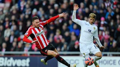 Leeds United player Gaetano Berardi, right, battles for the ball against Connor Wickham, left, of Sunderland during their FA Cup third round match on Sunday, which Sunderland won 1-0. Stu Forster / Getty Images