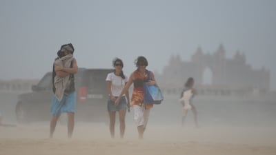 DUBAI, UNITED ARAB EMIRATES – April 12: Dust storm and heavy winds hit Dubai in the afternoon. This photo is taken near the beach at Dubai Marina around 3pm. (Pawan Singh / The National) For News *** Local Caption *** PS02- DUSTSTORM.jpg