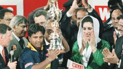 Sri Lanka captain Arjuna Ranatunga lifts the World Cup in Lahore in 1996.