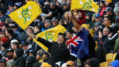 Wallabies fans cheer on their team during the Bledisloe Cup match between the New Zealand and the Australia at Sky Stadium. Getty Images