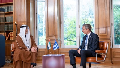 Sheikh Khaled bin Mohamed, Crown Prince of Abu Dhabi, meets Greek Prime Minister Kyriakos Mitsotakis in Athens on Thursday. Photo: Abu Dhabi Media Office