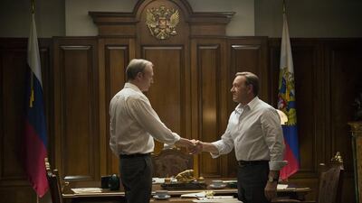 Lars Mikkelsen, left, and Kevin Spacey in Season 3 of Netflix's House of Cards. David Giesbrecht / Netflix