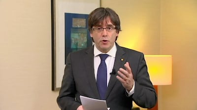 Sacked Catalan President Carles Puigdemont made a statement in this still image from video calling for the release of "the legitimate government of Catalonia". TV3 via Reuters