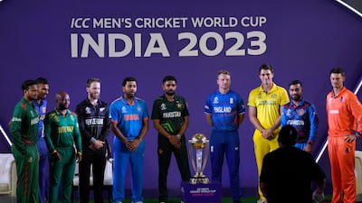 Captains of the 10 teams participating in the 2023 World Cup in Ahmedabad on Wednesday, October 4, 2023. AP