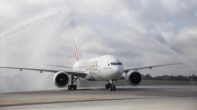 A traditional water cannon salute welcomes the inaugural flight of Emirates to Fort Lauderdale-Hollywood international airport. Jesus Aranguren / AP Images for Emirates