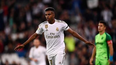 Real Madrid's Brazilian forward Rodrygo celebrates his goal. AFP